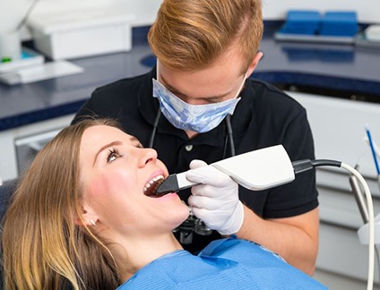 Dentist capturing digital impression of patient’s teeth