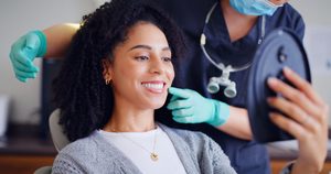 Dentist touching patient's smile with gloved hands as she looks in a mirror